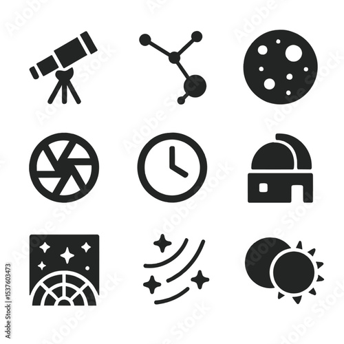 Astronomy Icon Grid. Solid, filled icons set of astronomical observation: telescope icon, constellation lines,