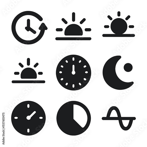 24-Hour Icon Set. Solid, filled icons set of the passage of time in 24 hours: clock cycle, sunrise dot, noon