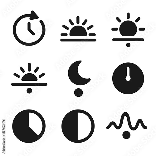 24-Hour Icon Set. Solid, filled icons set of the passage of time in 24 hours: clock cycle, sunrise dot, noon