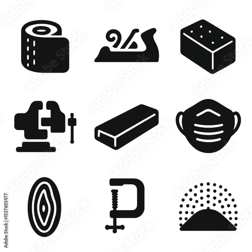 Woodworking Tools Icons. Solid, filled icons set of woodworking tools and sanding: sandpaper roll, wood plane,