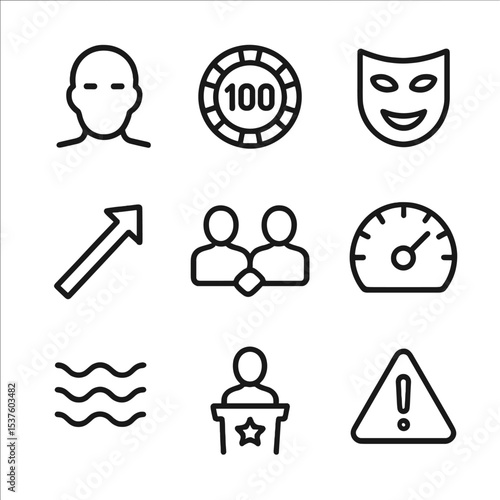 Negotiation Icon Set. Outline icon set of high-stakes negotiation dynamics: poker face silhouette, high stakes chip, bluff mask,