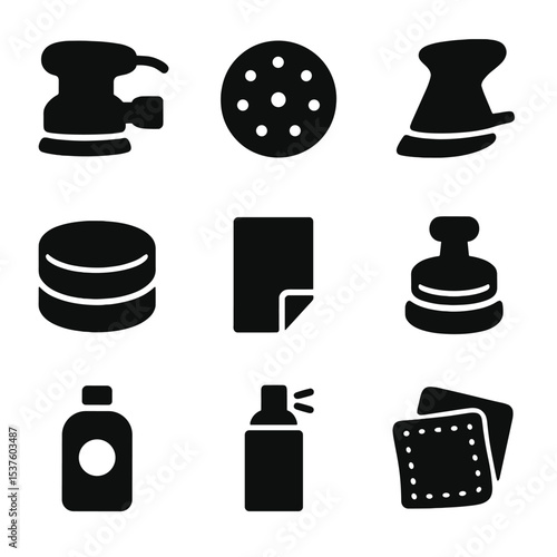 Sanding Supplies Icons. Solid, filled icons set of sanding and finishing supplies: orbital sander, sanding
