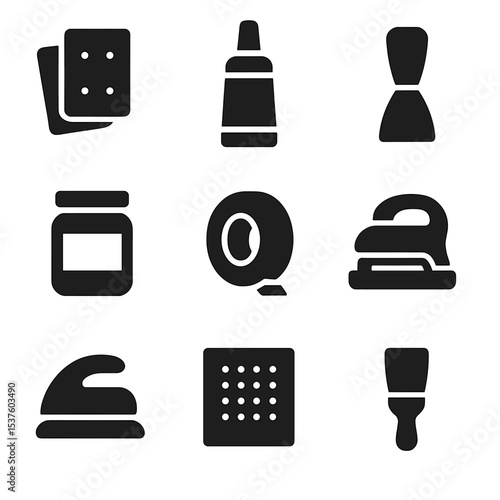DIY Repair Icon Set. Solid, filled icons set of DIY repair and sanding kits: sandpaper set, glue tube, scraper