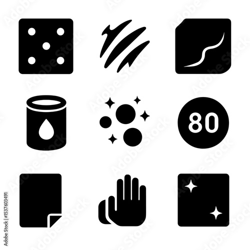 Surface Prep Icons. Solid, filled icons set of surface preparation materials: sanding pad, scuff mark,