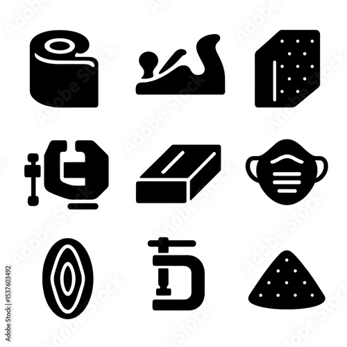 Woodworking Tools Icons. Solid, filled icons set of woodworking tools and sanding: sandpaper roll, wood plane,