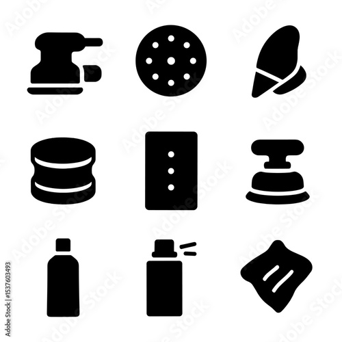 Sanding Supplies Icons. Solid, filled icons set of sanding and finishing supplies: orbital sander, sanding
