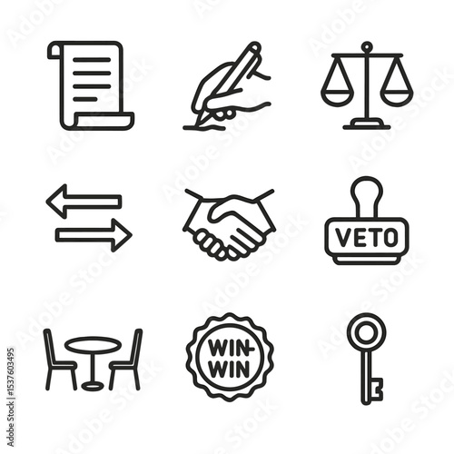Negotiation Icons Set. Outline icon set of negotiation and closing deals: contract scroll, pen signing, scales balance,