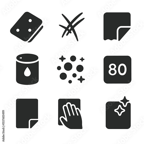 Surface Prep Icons. Solid, filled icons set of surface preparation materials: sanding pad, scuff mark,