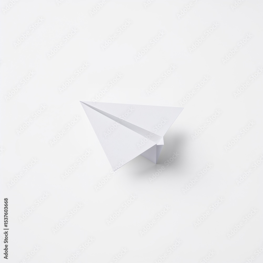 Fototapeta premium A simple white paper airplane on a white background. The image evokes feelings of childhood, dreams and travel.