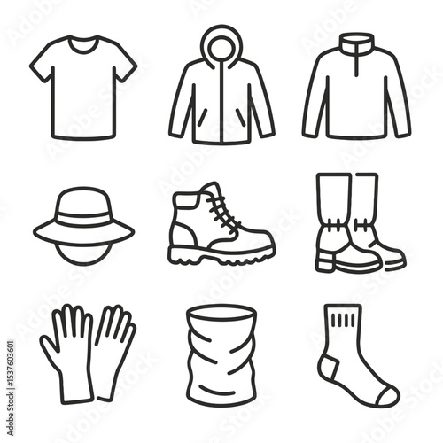 Outdoor Clothing Icons. Outline icon set of clothing and protection layers: quick-dry shirt, rain jacket, fleece pullover, sun hat