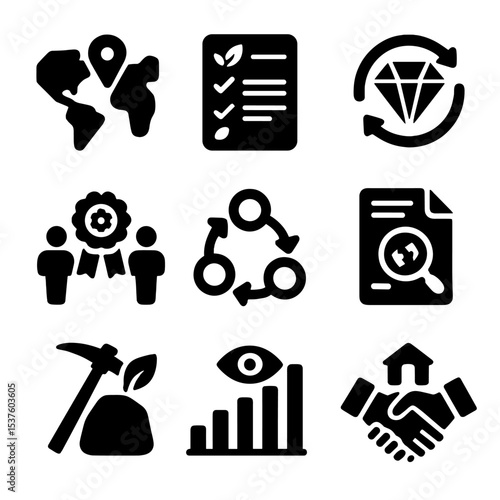 Ethical Icons Set. Solid, filled icons set of ethical sourcing and transparency: origin map, ethical checklist