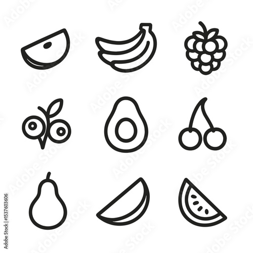 Paleo Fruit Icons. Outline icon set of paleo fruits and berries: apple slice, banana bunch, raspberry cluster, blueberry sprig,