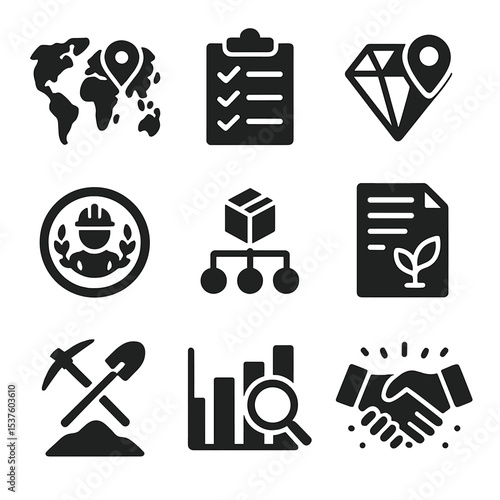 Ethical Icons Set. Solid, filled icons set of ethical sourcing and transparency: origin map, ethical checklist