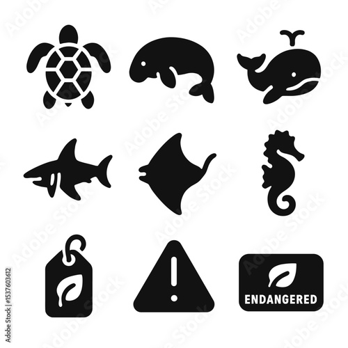 Endangered Ocean Icons. Solid, filled icons set of endangered ocean species: sea turtle, dugong, whale icon,