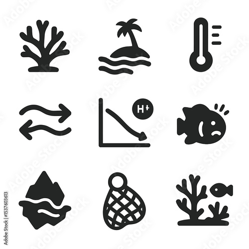 Marine Climate Impact Icons. Solid, filled icons set of climate change impacts on marine zones: coral