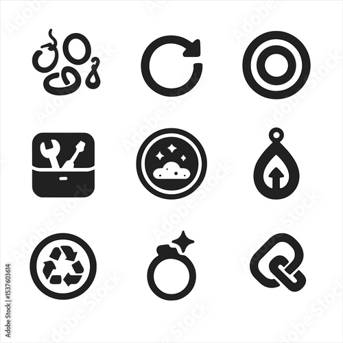 Zero Waste Jewelry Icons. Solid, filled icons set of zero waste and circular jewelry design: jewelry scrap,