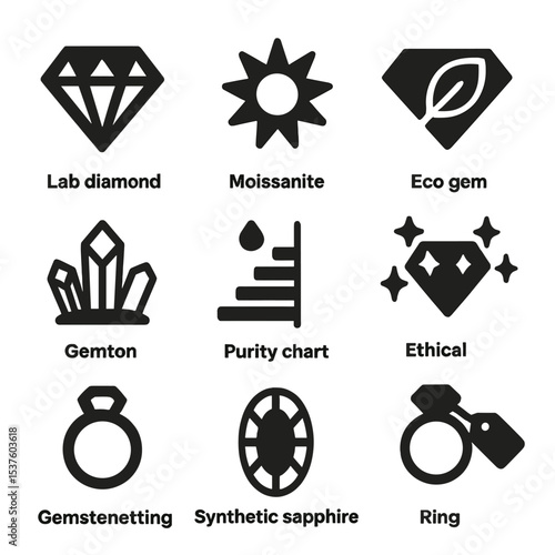 Lab-Grown Gem Icons. Solid, filled icons set of lab-grown and alternative stones: lab diamond, moissanite icon
