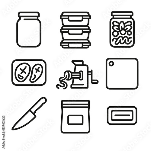 Paleo Meal Prep Icons. Outline icon set of paleo meal prep essentials: glass storage jar, meal container stack, mason jar salad,