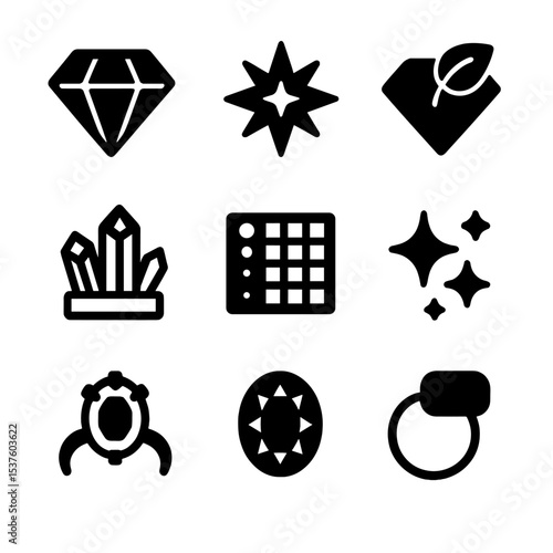 Lab-Grown Gem Icons. Solid, filled icons set of lab-grown and alternative stones: lab diamond, moissanite icon