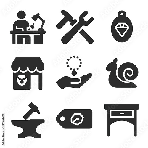 Jewelry Making Icons. Solid, filled icons set of handmade and local jewelry craft: artisan workspace,