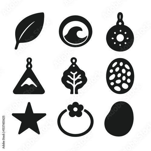 Nature Jewelry Icons. Solid, filled icons set of nature-inspired ethical jewelry: leaf charm, ocean wave ring,