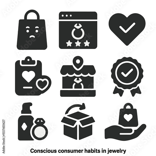Conscious Jewelry Habits Icons. Solid, filled icons set of conscious consumer habits in jewelry: thoughtful