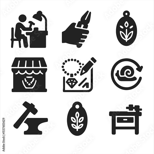 Jewelry Making Icons. Solid, filled icons set of handmade and local jewelry craft: artisan workspace,