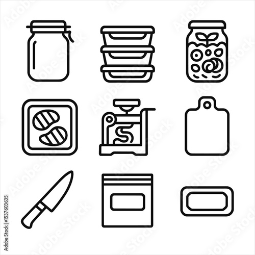 Paleo Meal Prep Icons. Outline icon set of paleo meal prep essentials: glass storage jar, meal container stack, mason jar salad,