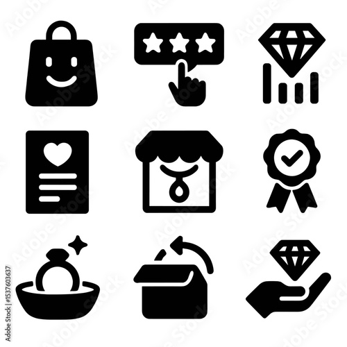 Conscious Jewelry Habits Icons. Solid, filled icons set of conscious consumer habits in jewelry: thoughtful