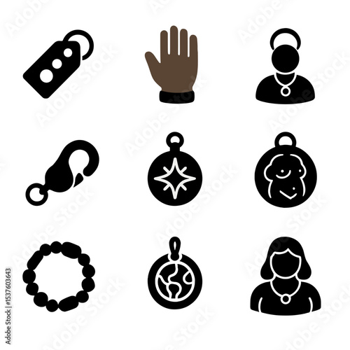 Inclusive Jewelry Icons. Solid, filled icons set of inclusive and diverse jewelry design: size range tag, skin