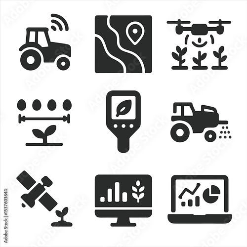 Precision Agriculture Icons. Solid, filled icons set of precision agriculture tools: GPS tractor, soil map,