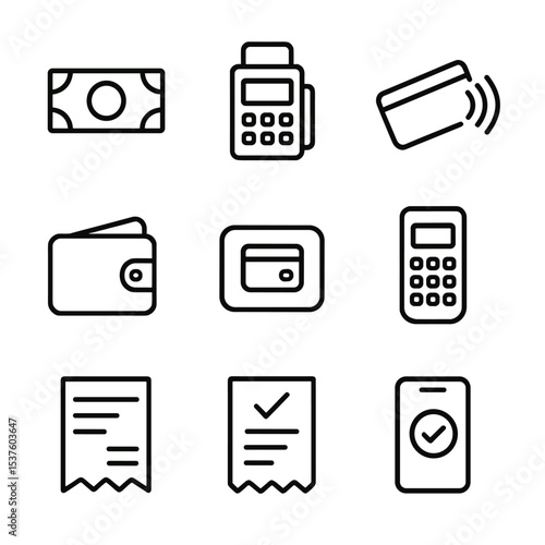Payment Icon Set. Outline icon set of payment & checkout: cash icon, credit card terminal, contactless tap, wallet, digital wallet