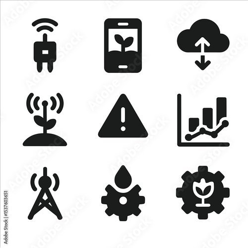IoT in Farming Icons. Solid, filled icons set of IoT in sustainable farming: connected sensor, mobile farm app