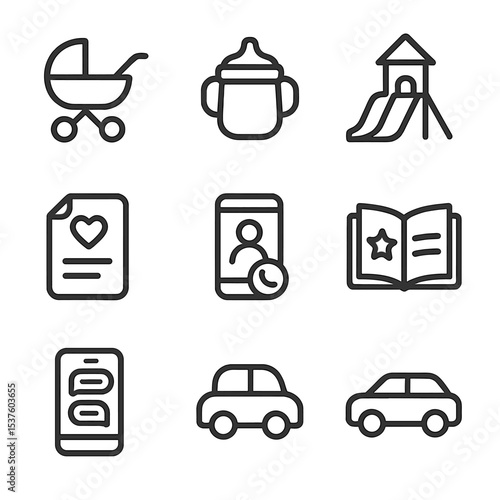 Parenting Essentials Icons. Outline icon set of parenting and friendships: stroller, sippy cup, playground slide, diaper bag,