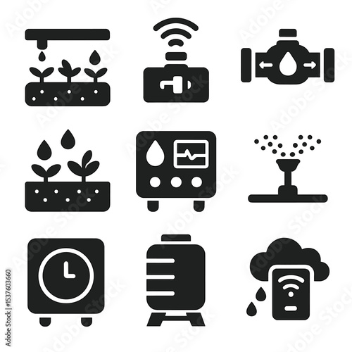 Automated Irrigation Icons. Solid, filled icons set of automated irrigation systems: drip pipe, smart valve,