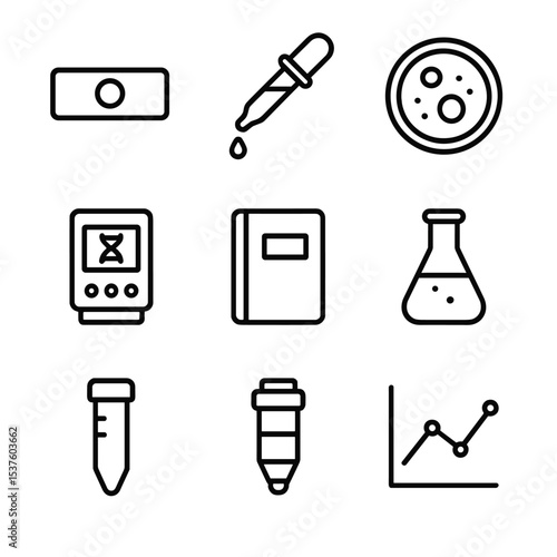 Pelagia Research Tools Icons. Outline icon set of Pelagia research tools and methods: microscope slide, staining pipette, petri