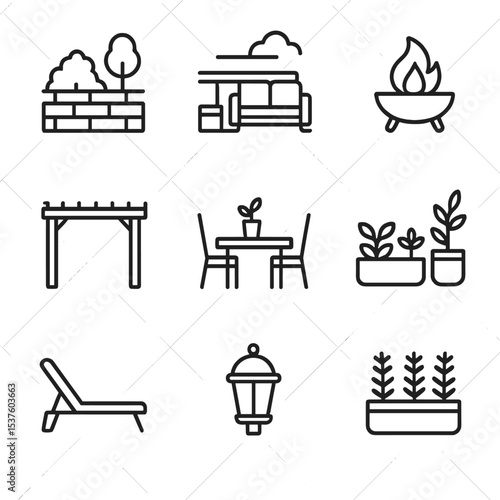 Penthouse Outdoor Icons. Outline icon set of penthouse outdoor spaces: rooftop garden, lounge seating, fire pit, pergola, dining
