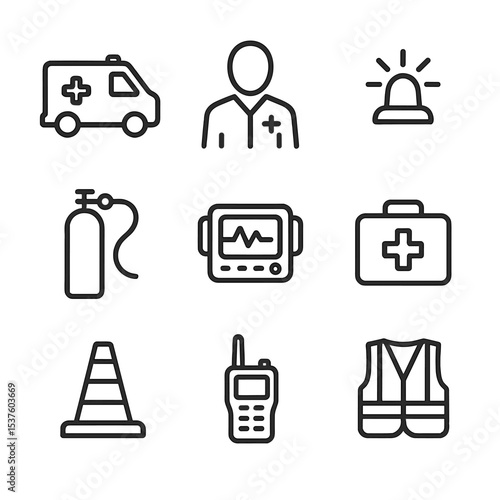 Paramedic Equipment Icons. Outline icon set of paramedic roadside rescue: ambulance, paramedic silhouette, emergency light bar,