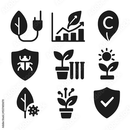 Plant Health Icons. Solid, filled icons set of plant health monitoring: leaf sensor, growth chart, chlorophyll