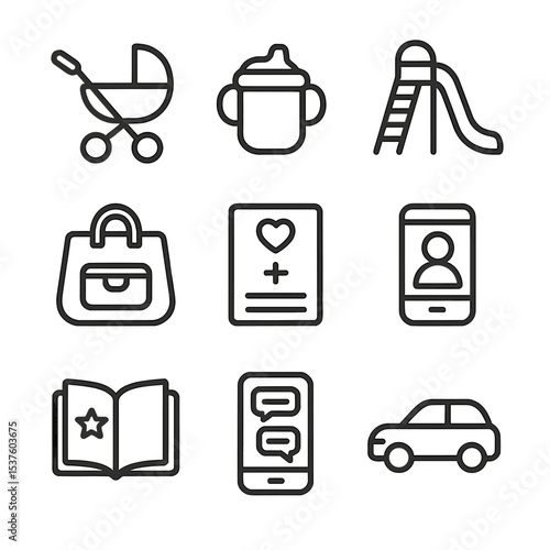 Parenting Essentials Icons. Outline icon set of parenting and friendships: stroller, sippy cup, playground slide, diaper bag,
