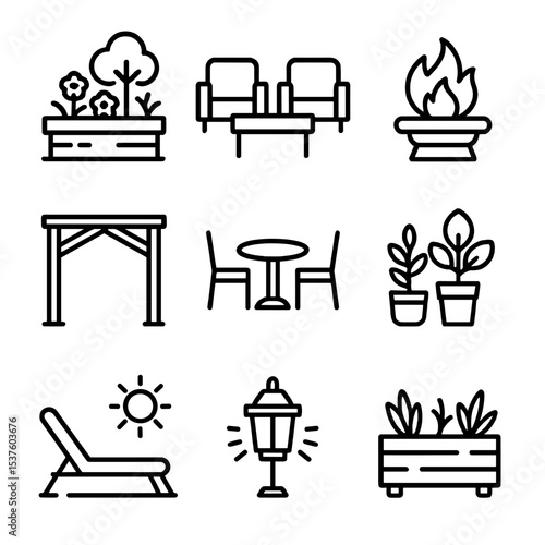 Penthouse Outdoor Icons. Outline icon set of penthouse outdoor spaces: rooftop garden, lounge seating, fire pit, pergola, dining