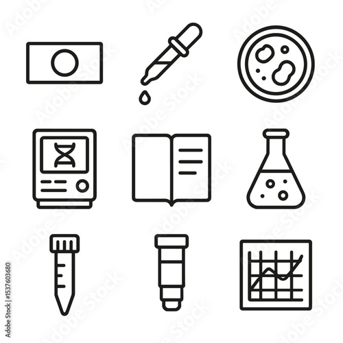 Pelagia Research Tools Icons. Outline icon set of Pelagia research tools and methods: microscope slide, staining pipette, petri
