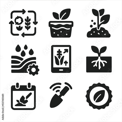 Sustainable Agriculture Icons. Solid, filled icons set of sustainable crop management: rotation plan, eco soil