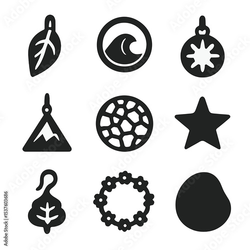 Nature Jewelry Icons. Solid, filled icons set of nature-inspired ethical jewelry: leaf charm, ocean wave ring,