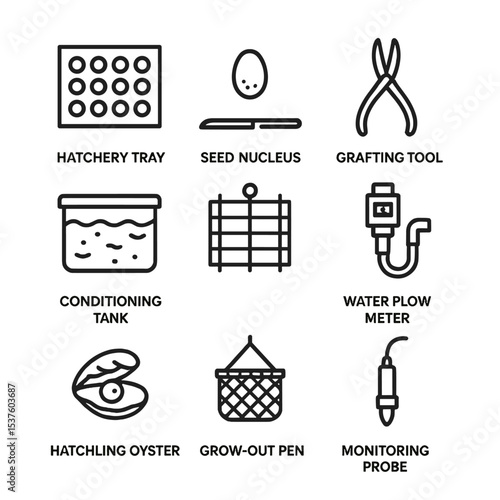 Pearl Cultivation Icons. Outline icon set of pearl cultivation process: hatchery tray, seed nucleus, grafting tool, conditioning