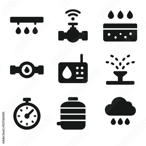 Automated Irrigation Icons. Solid, filled icons set of automated irrigation systems: drip pipe, smart valve,