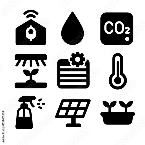 Smart Greenhouse Icons. Solid, filled icons set of greenhouse with smart tech: climate sensor, humidity icon,
