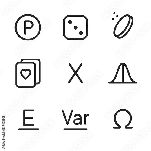 Probability Icon Set. Outline icon set of probability theory: probability P, dice, coin toss, deck of cards, random variable X,