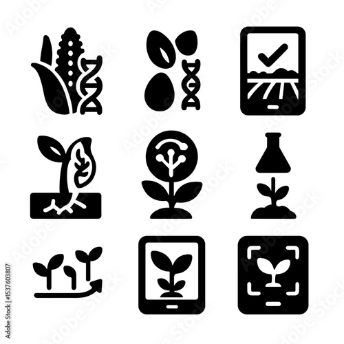Agricultural Genetics Icons. Solid, filled icons set of agricultural genetics and GMOs: crop DNA,