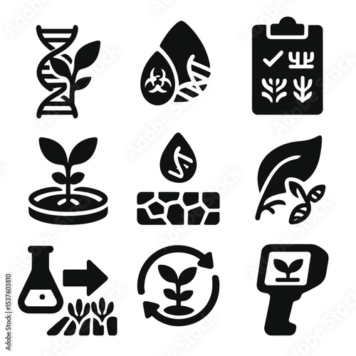 Agricultural Genetics Icons. Solid, filled icons set of agricultural genetics and GMOs: crop DNA,
